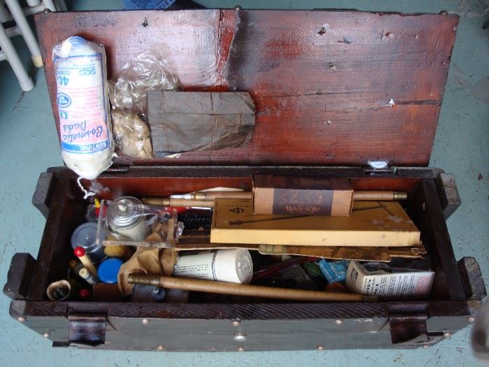 Gun Cleaning Supplies w/ Vintage Wood Box