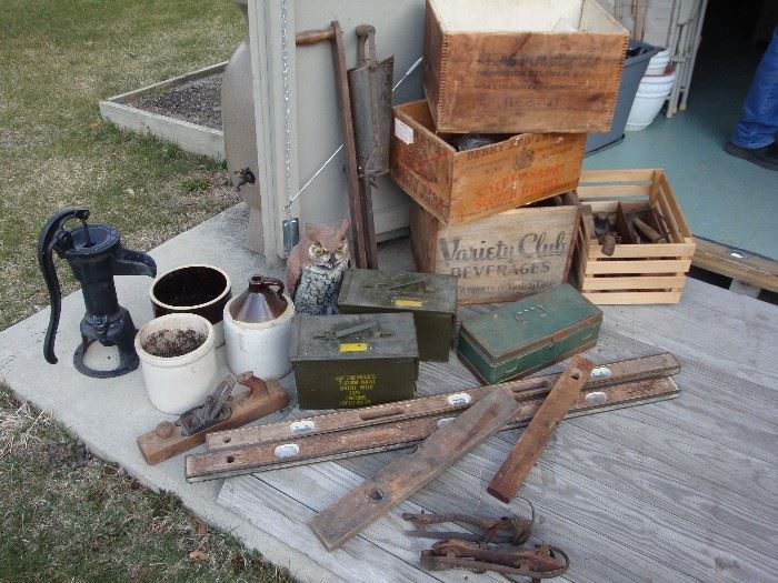 Fun Vintage Finds! Cast Iron Hand Well Pump, Crocks, Antique Levels, Antique Ice Skates, Amo Boxes, Vintage Wood Working Tools, Primitive Corn Planter, Vintage Wood Boxes, Vintage Tackle Box