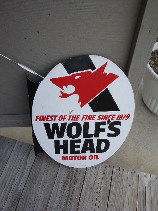 Wolf's Head Motor Oil (2) Sided Metal Sign~Great Condition!