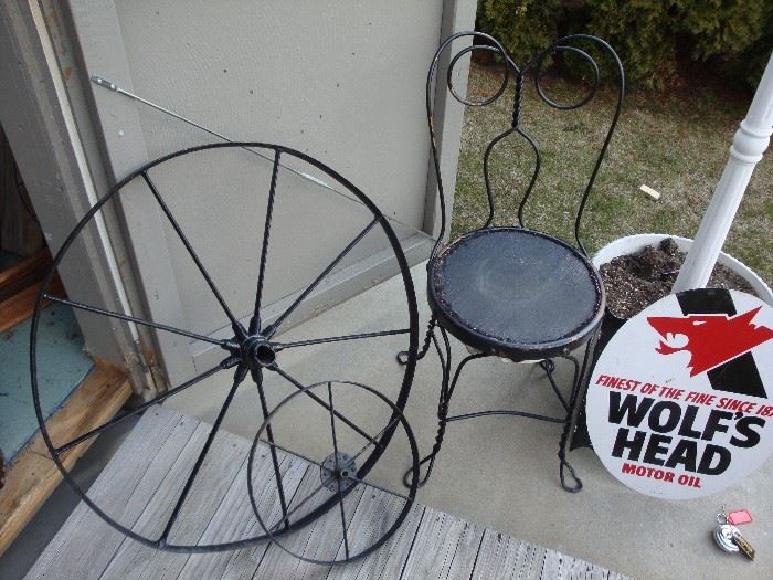 Old Parlor Chair, Old Steel Wheels, Wolf's Head Sign