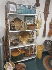 Bakers Rack, Basket and Blue ball Canning Jars