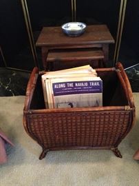 Rattan magazine rack; sheet music; small stack tables