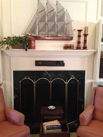 Sailing ship wall art; matching club chairs; fire screen