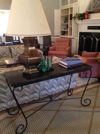 Marble top sofa table; 9 feet 6 inches x 12 feet  rug; extra large brass lamp