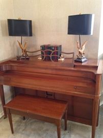 Acrosonic piano and bench  - great condition; matching eagle lamps; hymnals 