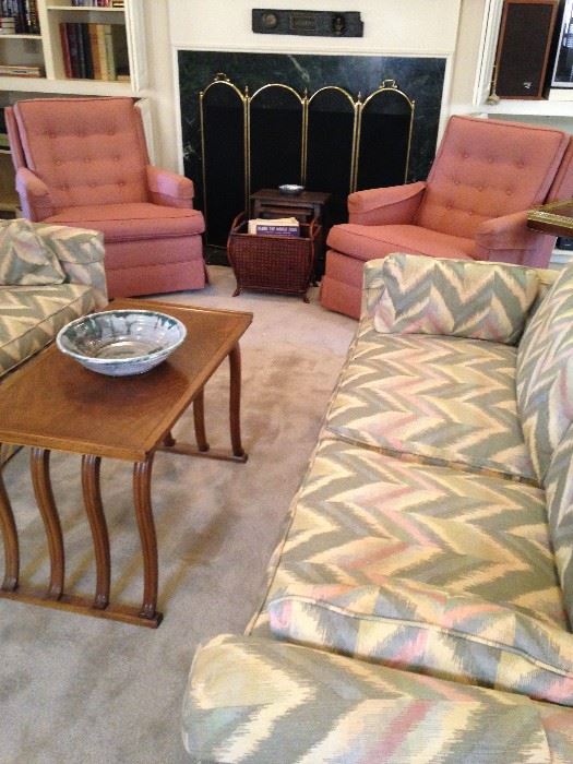 One of two matching 3-cushion sofas; matching club chairs