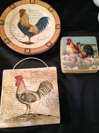 Rooster plates, plaque, and coasters
