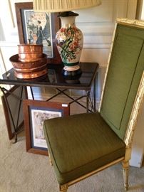 Marble top side table; single green upholstered chair