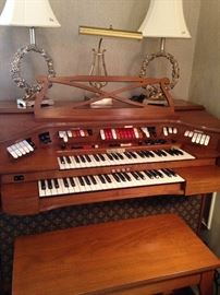 Baldwin organ; matching lamps; lyre lamp