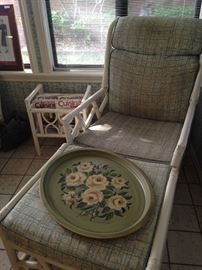 Another bamboo chair, ottoman, and magazine rack; tole tray