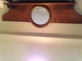 Antique wall shelf with mirror and hooks