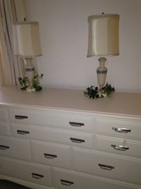 White dresser with great storage; matching white lamps