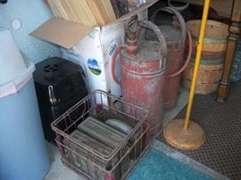 wire/metal crate, fire extinguishers, baskets