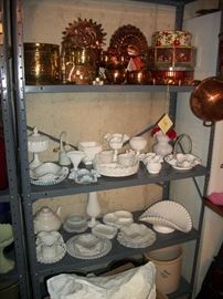 copper ware, fenton, milk glass, hobnail, crock on bottom