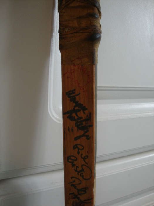 Autographed Hockey Stick. Stick from 1960s signed in 1970s by Two Time WHA Champions, Houston Aeros..... Gordie Howe, Marty Howe, Ted taylor, Wayne Rutledge, Paul Popiel, Andre HInse, Rich Preston, Frank Hughes, Larry Lund, and Coach Bill Dineen