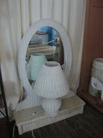 Wicker Mirror and Lamp