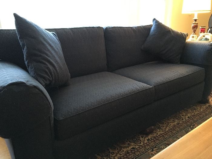 Transitional sofa with cushions. Dark blue. Very comfortable. 