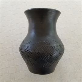 Vintage black vase by Cherokee potter Louise Bigmeat Maney. Signed.