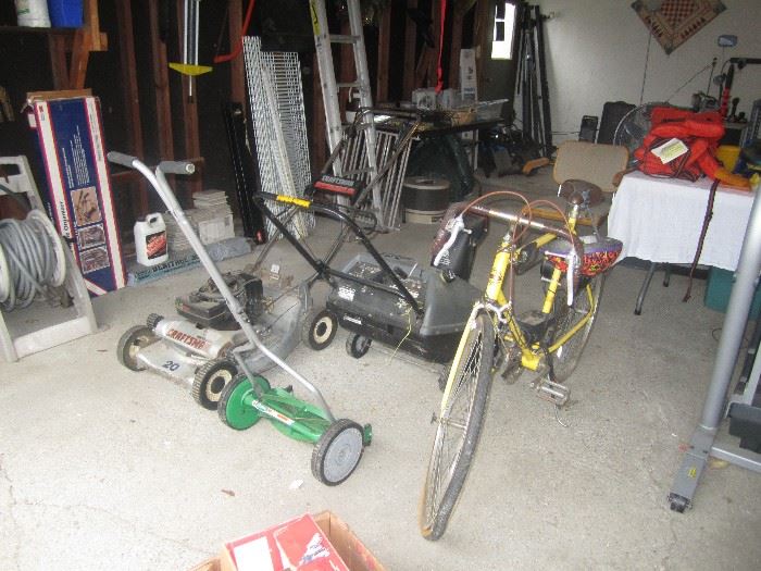 Manual push mower, lawnmower, snowblower, bikes, ladders, gardening supplies
