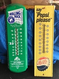 2' Tall Vintage Metal Rolling Rock, Pepsi Thermometers