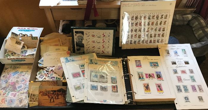 STAMPS.....Alexander Calder Coll, Birds & floers comm coll, United Nations Anniversary coll, Binder full countries collections. Boxes,bags, cigar boxes full all kind stamps