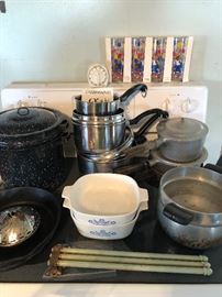 Assorted pots and pans including Club and Farberware