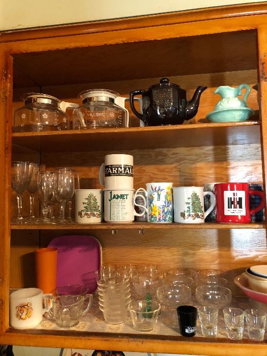 Bunny coffee pots, Tea pot, Assorted mugs, glasses and custard cups