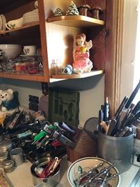 Knives, Misc Utensils, Vintage glasses and assorted glassware