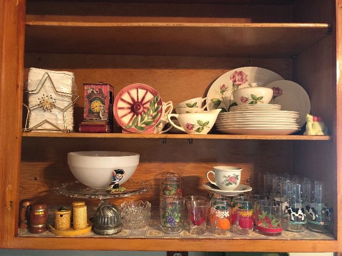 Vintage glasses, Pink Rose patterned dishes from Knowles, Glass cake stand, Napkin holder, match holder, Salt and pepper sets