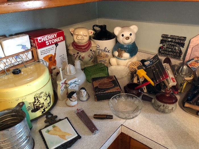 Vintage cake carrier, bread box, Flour sifter, Cookie jars, Green depressionware butter cover, Kitchen utensils