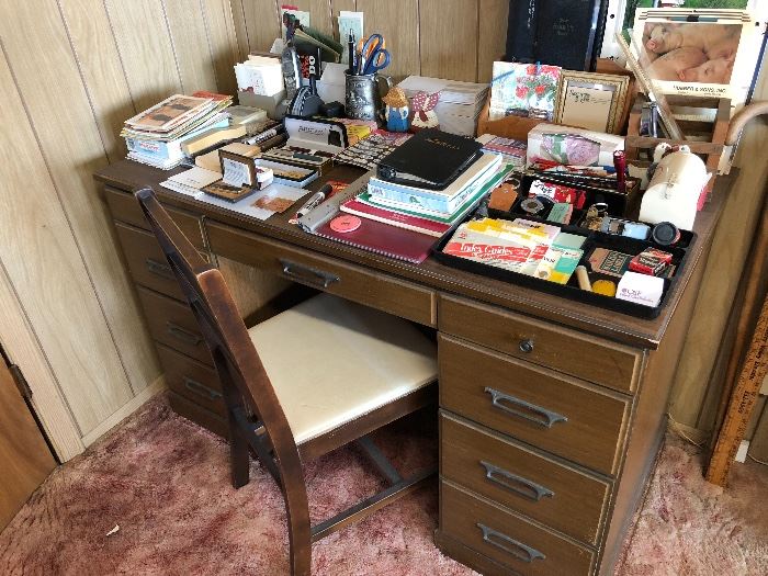 Mid Century desk and chair, Old calendars, Misc office supplies 