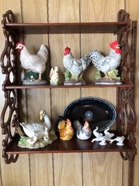 Vintage wall shelf and Poultry figurines