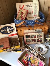 Cigars and cigar boxes, Longeberger baskets, IH temp gauge, candy boxes, tractor set
