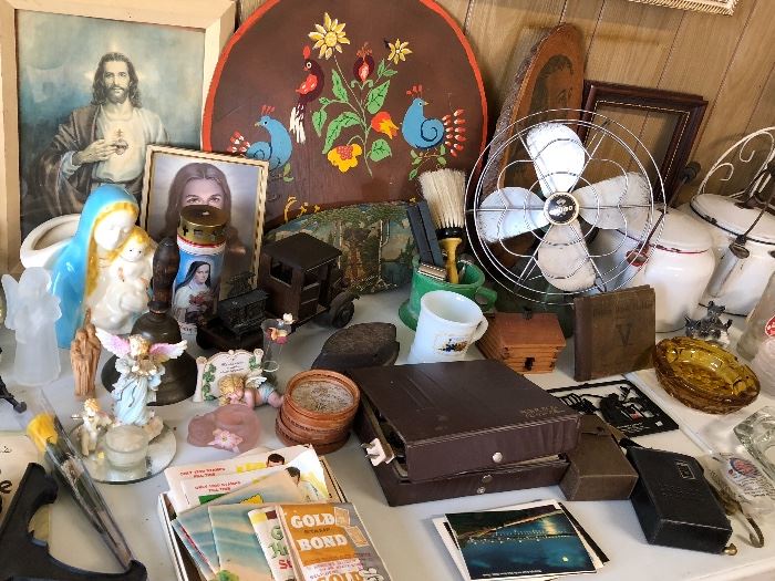 Green stamps, Eskimo Vintage fan, Shaving mugs and razors, Assorted religious figurines, Ash trays