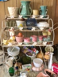 Mid Century plant stand with assorted pottery and glass pots... several from McCoy