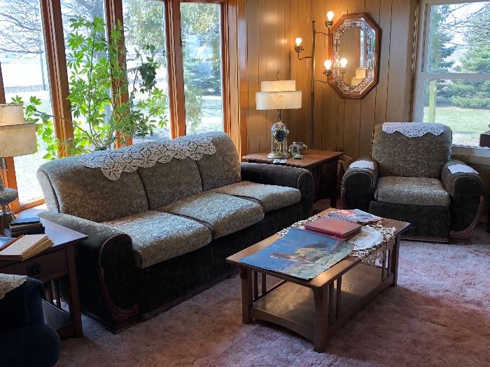 1940’s couch and chair, MidCentury lamps and shades, Oak coffee table and matching end tables