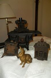 Antique Cast Iron Banks & Mini Cook Stove.