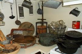Antique Kitchen Items,Cast Iron Pans,Canning Jars,Cider Press,Etc...