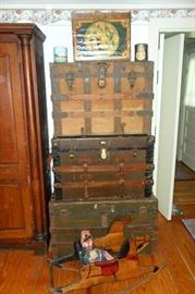 Antique Trunks,Antique Rocking Horse,Advertising Boxes & Cans, Antique Cloth Doll.