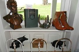 Abe Lincoln Bust,Antique Ladies Boots,Cast Iron Piggy Banks,Iron Gate,etc..