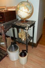 Vintage Globe,Antique Crock Jugs,Antique Table