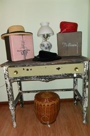 Antique Table,Antique/Vintage Hats & Hat Boxes,Lamp