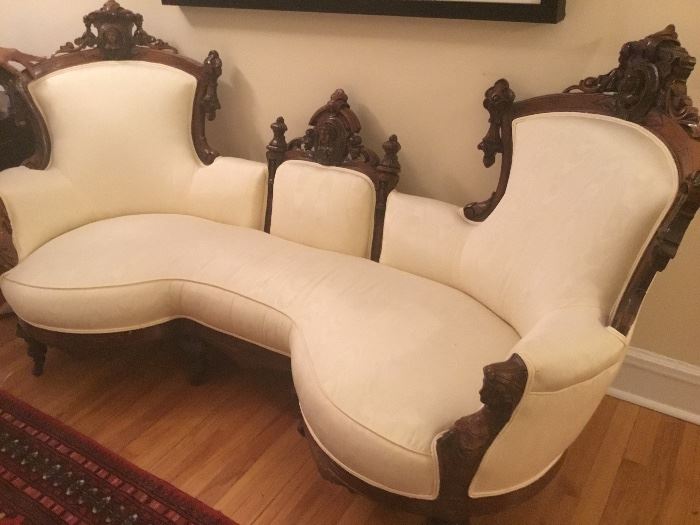 Rare Gorgeous 1850 Victorian loveseat. Intricate carvings and newly upholstered. $2200
