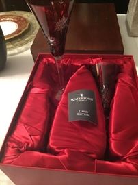 New WATERFORD cased crystal talon red toasting flutes in original box $185 pair