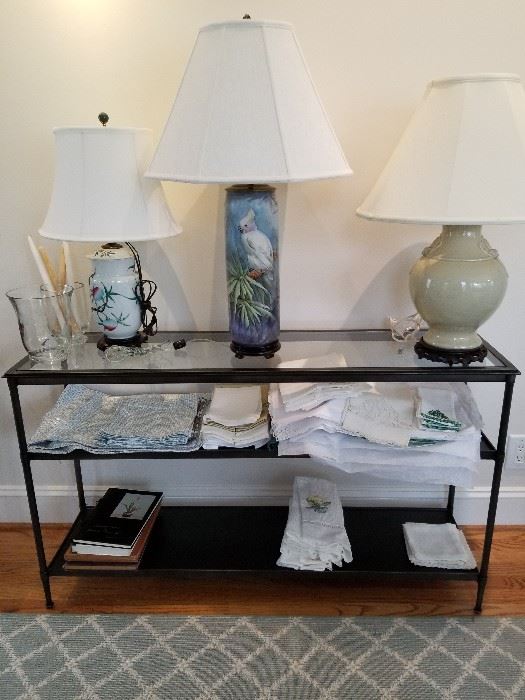 VINTAGE linens and lamps. ( table not for sale).