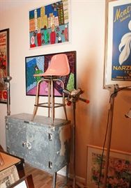 Salmon pink rotating fiberglass stool... awesome industrial cabinet! - BOTH SOLD