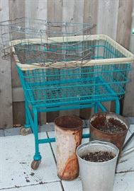 great old laundry cart - SOLD and vintage sap buckets, ready for planting!