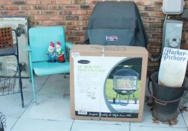 gas grill barely used, new in box bonfire pit and Russell Wright chair - SOLD