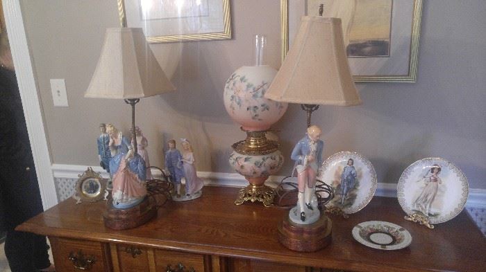 Large collection of Pinky and blue boy collectibles George and Martha Washington porcelain lamps