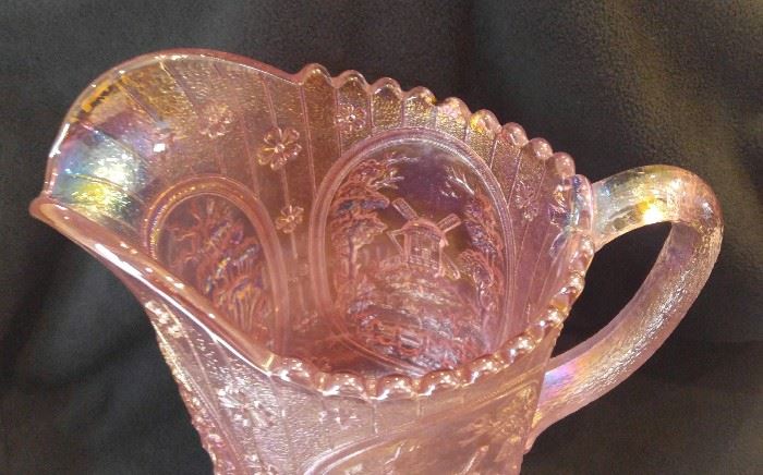 Pink Carnival Glass Imperial pitcher windmill